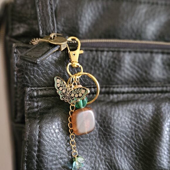 Butterfly Charm Beaded Keychain | Handmade Green & Gold Keyring - Picture 7 of 7
